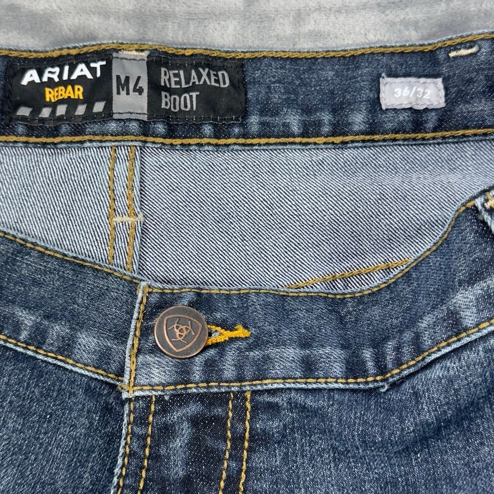 Ariat Rebar M4 Relaxed Boot Cut Jeans Mens 36x32 (Fits 38x32) Blue Work Denim - Picture 4 of 10